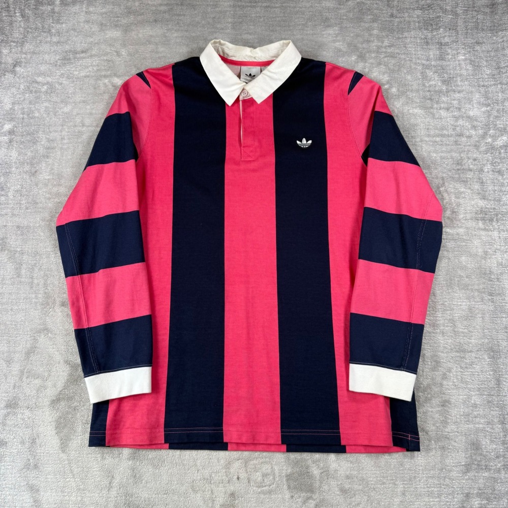 Adidas Rugby Shirt Mens Large Pink Vertical Stripe Trefoil Long Sleeve Polo
